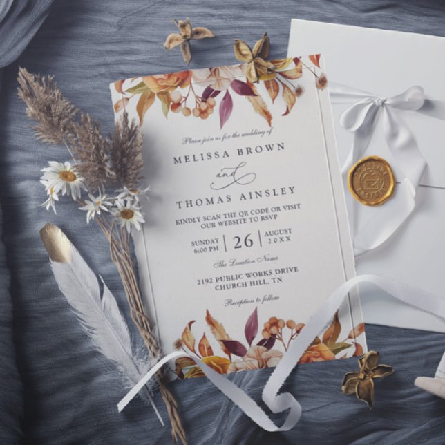 Invitación Boda Código QR Floral Dorado Naranja Marrón Rústic (Subido por el creador)