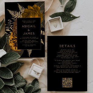 Invitación Boda Código QR Floral Dorado Naranja Quemado Negro