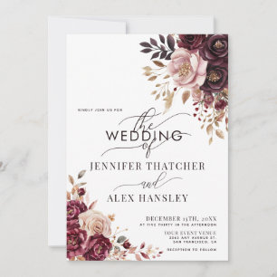 Invitación Boda Código QR Floral Escritura Tinta Borgoña