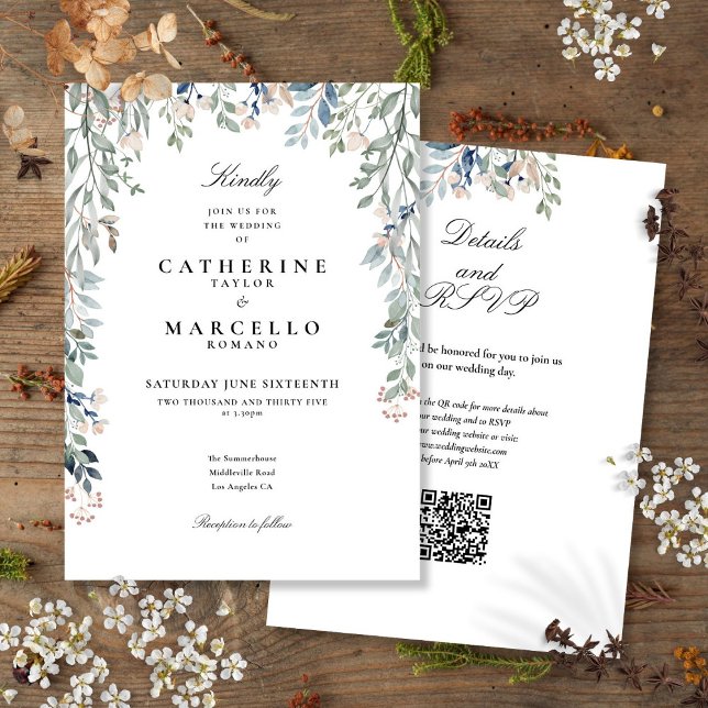 Invitación Boda Código QR Floral Flores Silvestres Elegantes (Elegant Wildflowers Floral QR Code Wedding Invitation)