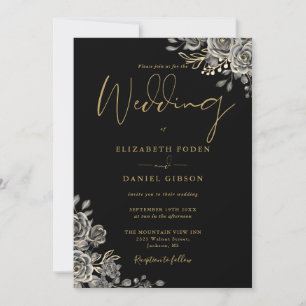 Invitación Boda Código QR Floral Gótico de Oro y Negro