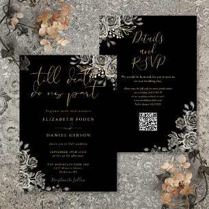 Invitación Boda Código QR Floral Gótico de Oro y Negro