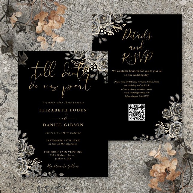 Invitación Boda Código QR Floral Gótico de Oro y Negro (Black And Gold Gothic Floral QR Code Wedding Invitation)