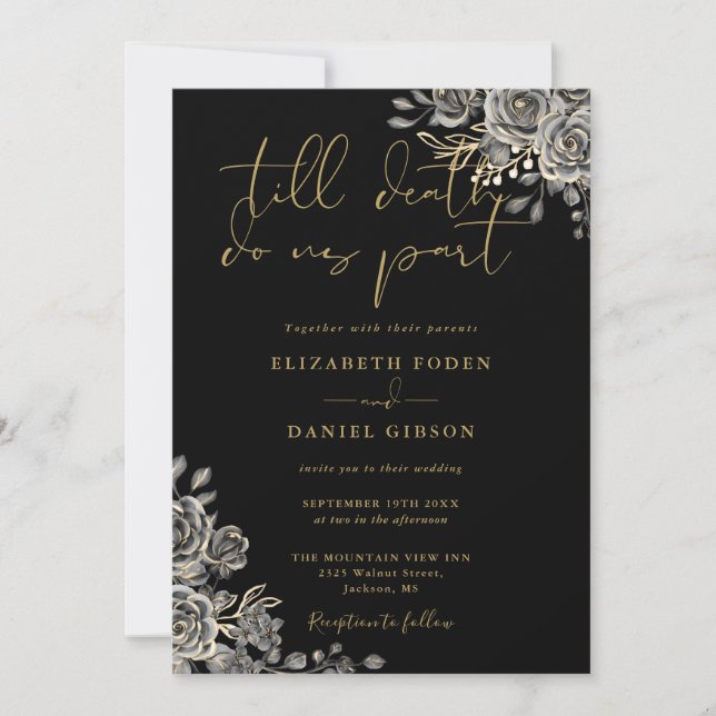Invitación Boda Código QR Floral Gótico de Oro y Negro (Anverso)