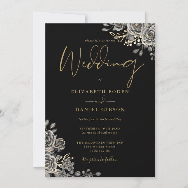 Invitación Boda Código QR Floral Gótico Negro y Dorado (Anverso)