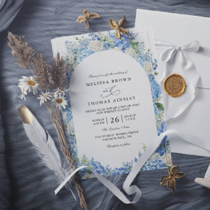 Invitación Boda Código QR Floral Hortensias Azules Rosas Blan