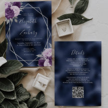 Boda Código QR Floral Lila Plata Hoja de Navy