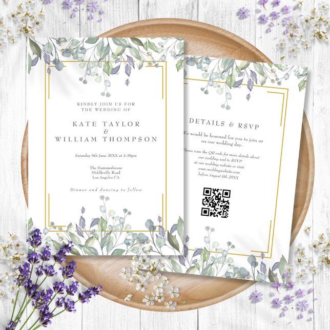 Invitación Boda Código QR Floral Lila Verde (Greenery Sage Lilac Floral QR Code Wedding Invitation)