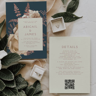 Invitación Boda Código QR Floral Marfil Rosa Dorado Verde Tea