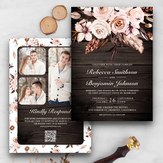 Invitación Boda Código QR Floral Marfil Terroso Madera Rústic (Subido por el creador)