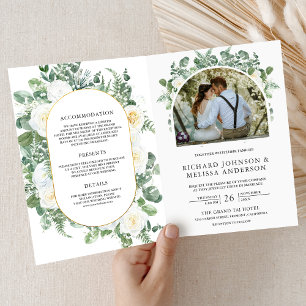 Invitación Boda Código QR Floral Marfil Verde Rústico