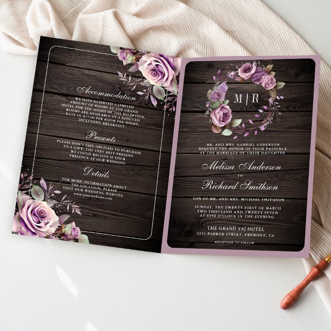 Invitación Boda Código QR Floral Morado Polvoriento Madera Rú (Subido por el creador)