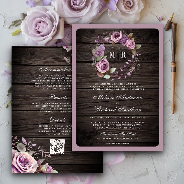 Invitación Boda Código QR Floral Morado Polvoriento Madera Rú (Subido por el creador)