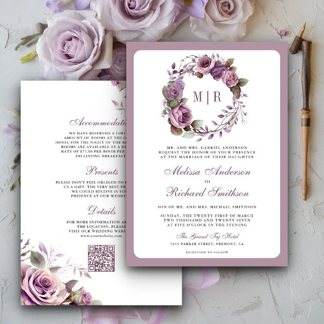 Invitación Boda Código QR Floral Morado Polvoriento Rústico (Subido por el creador)
