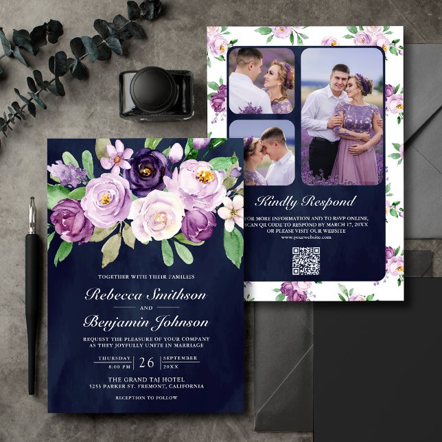 Invitación Boda Código QR Floral Morado Rústico Azul Marino (Subido por el creador)