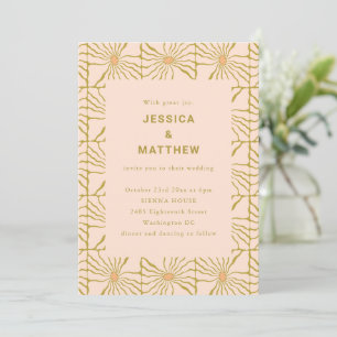 Invitación Boda Código QR Floral Mostaza Retro Boho Azulejo