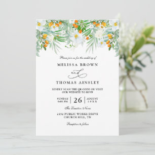 Invitación Boda Código QR Floral Orquídeas Kumquats Acuarela