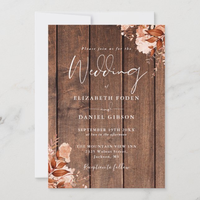 Invitación Boda Código QR Floral Otoño Madera Rústica (Anverso)