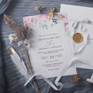 Invitación Boda Código QR Floral Peonía Acuarela Rosa Rubor