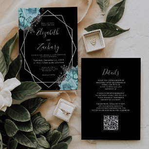 Invitación Boda Código QR Floral Plata Acuario Negro