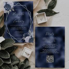 Invitación Boda Código QR Floral Plata Azul Polvo Hojalata Ma