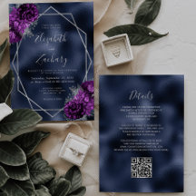 Boda Código QR Floral Plateado Púrpura y Navy