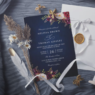 Invitación Boda Código QR Floral Rojo Burgundy Azul Marino