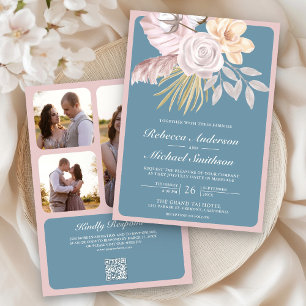 Invitación Boda Código QR Floral Rosa Azul Polvoriento Rústic