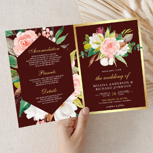 Invitación Boda Código QR Floral Rosa Dorado Borgoña