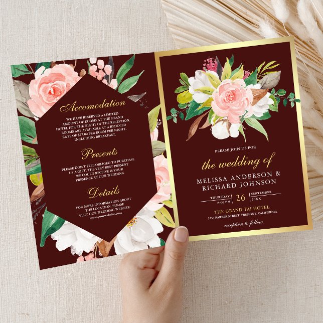 Invitación Boda Código QR Floral Rosa Dorado Borgoña (Subido por el creador)