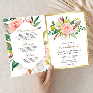 Invitación Boda Código QR Floral Rosa Pastel Rústico Dorado