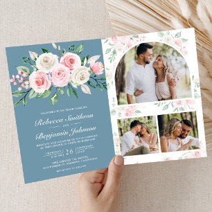 Invitación Boda Código QR Floral Rosa Rosado Azul Polvo