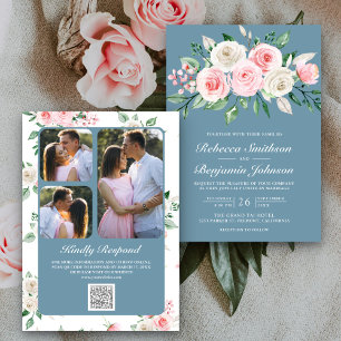 Invitación Boda Código QR Floral Rosa Rosado Azul Polvo