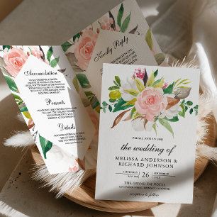 Invitación Boda Código QR Floral Rosa Rubor Magnolia Blanca