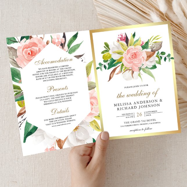 Invitación Boda Código QR Floral Rosa Rubor Rústico Dorado (Subido por el creador)