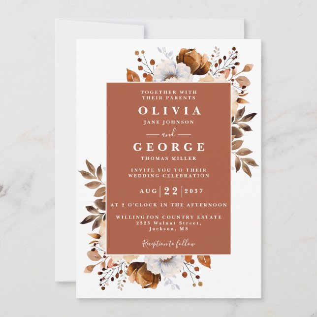 Invitación Boda Código QR Floral Rústico de Terracota (Anverso)