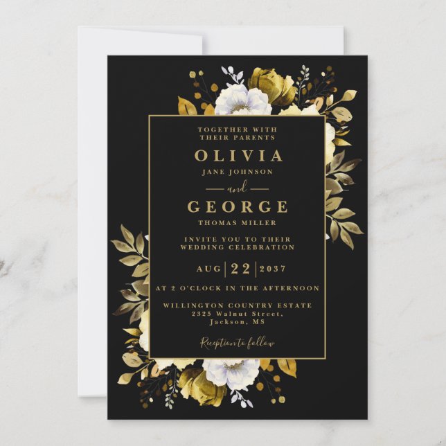 Invitación Boda Código QR Floral Rústico Elegante Oro Negro (Anverso)