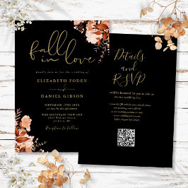Invitación Boda Código QR Floral Rústico Negro y Dorado