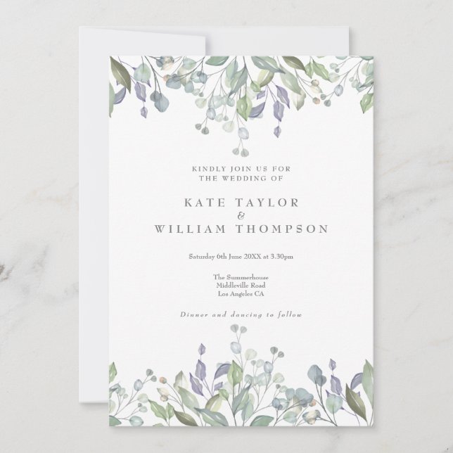 Invitación Boda Código QR Floral Salvia Lila Verde (Anverso)