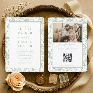 Invitación Boda Código QR Floral Salvia Verde Francés