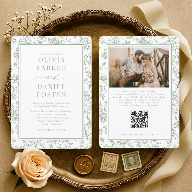 Invitación Boda Código QR Floral Salvia Verde Francés (Subido por el creador)
