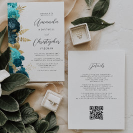 Invitación Boda Código QR Floral Teal Aqua Dorado