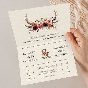 Invitación Boda Código QR Floral Terracota Cuernos Boho