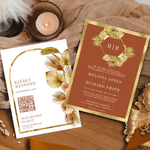 Invitación Boda Código QR Floral Terroso Boho Palma
