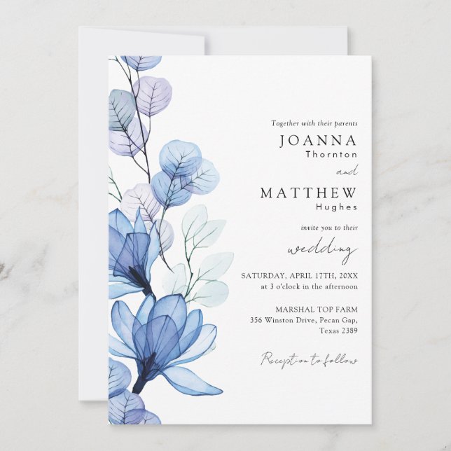 Invitación Boda Código QR Floral Transparente Azul Polvo (Anverso)