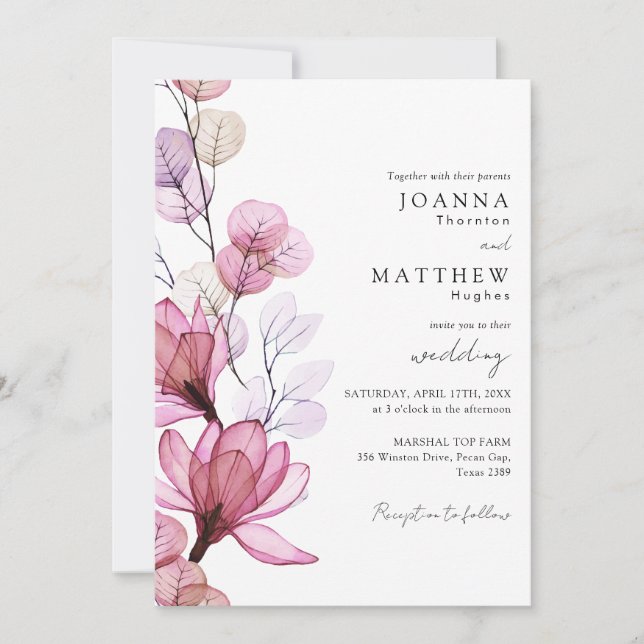 Invitación Boda Código QR Floral Transparente Rosa Polvo (Anverso)