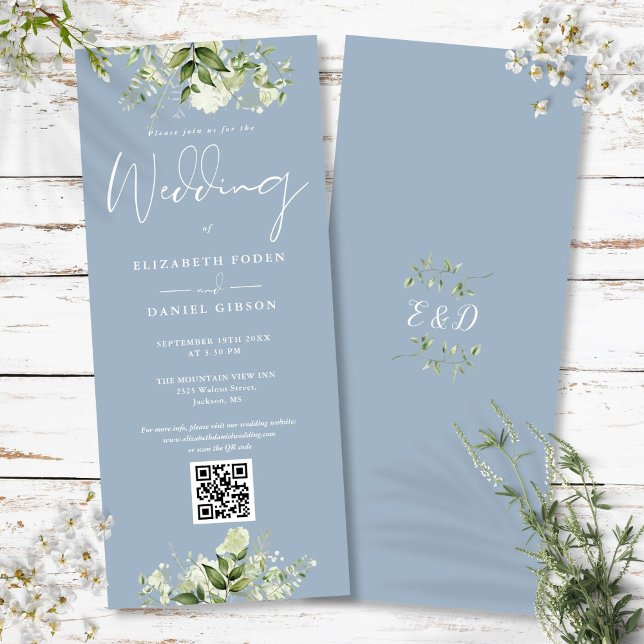 Invitación Boda Código QR Floral Verde Azul Polvoriento (Greenery Floral Dusty Blue QR Code Wedding Invitation)