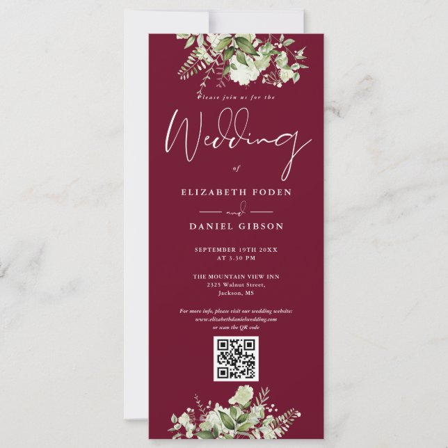 Invitación Boda Código QR Floral Verde Burdeos (Anverso)