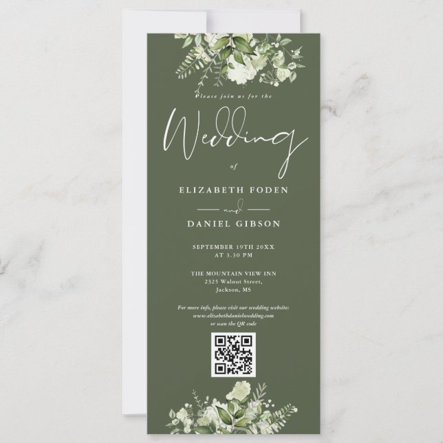 Invitación Boda Código QR Floral Verde Oliva Vegetación (Anverso)