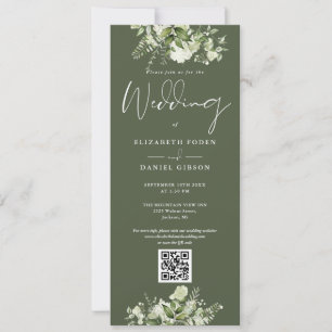 Invitación Boda Código QR Floral Verde Oliva Vegetación